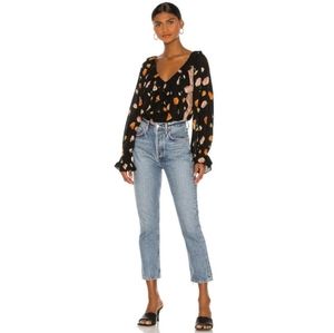 Free People Cottagecore Boho Bodysuit Black Floral Lace Ruffle Top Size Med